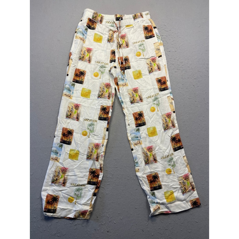 C&C California Lounge Pants Linen Blend Tropical Vacation White Medium Womens